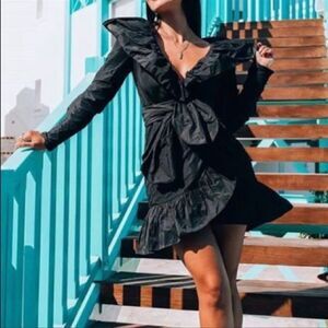 Sandra Mansour H&M Black Ruffled Wrap Mini Dress